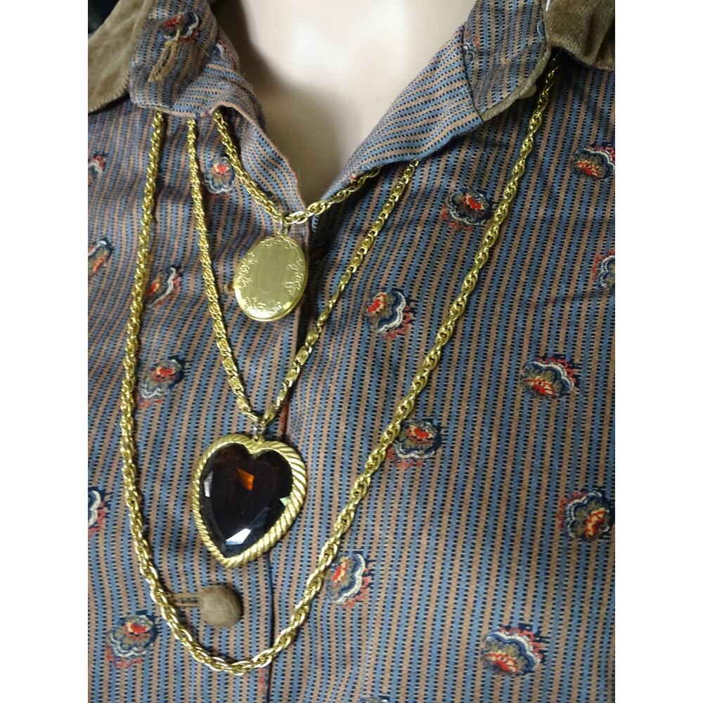 Vintage Goldette Multi Strand Glass Heart Pendant Oval Fob Necklace Boho Glam